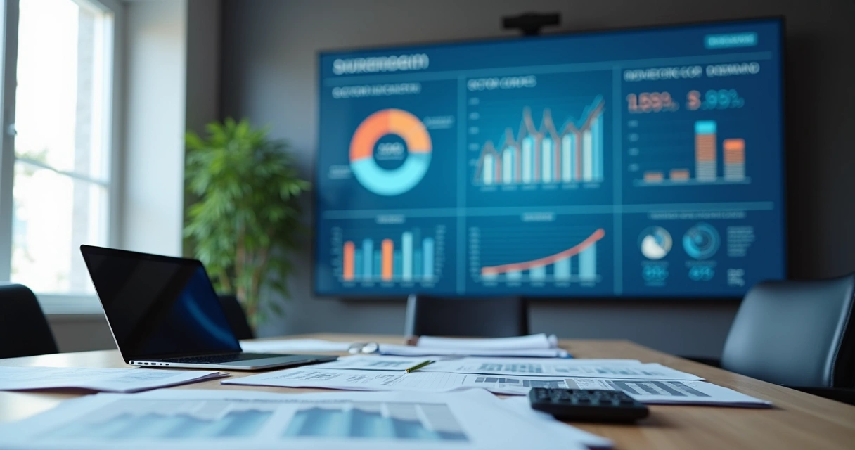 Painel com gráficos setoriais e indicadores econômicos 