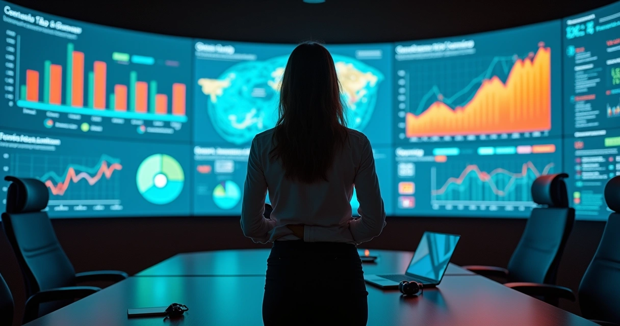 Painel digital com dados de treinamento e desenvolvimento analisados por gestora de RH 