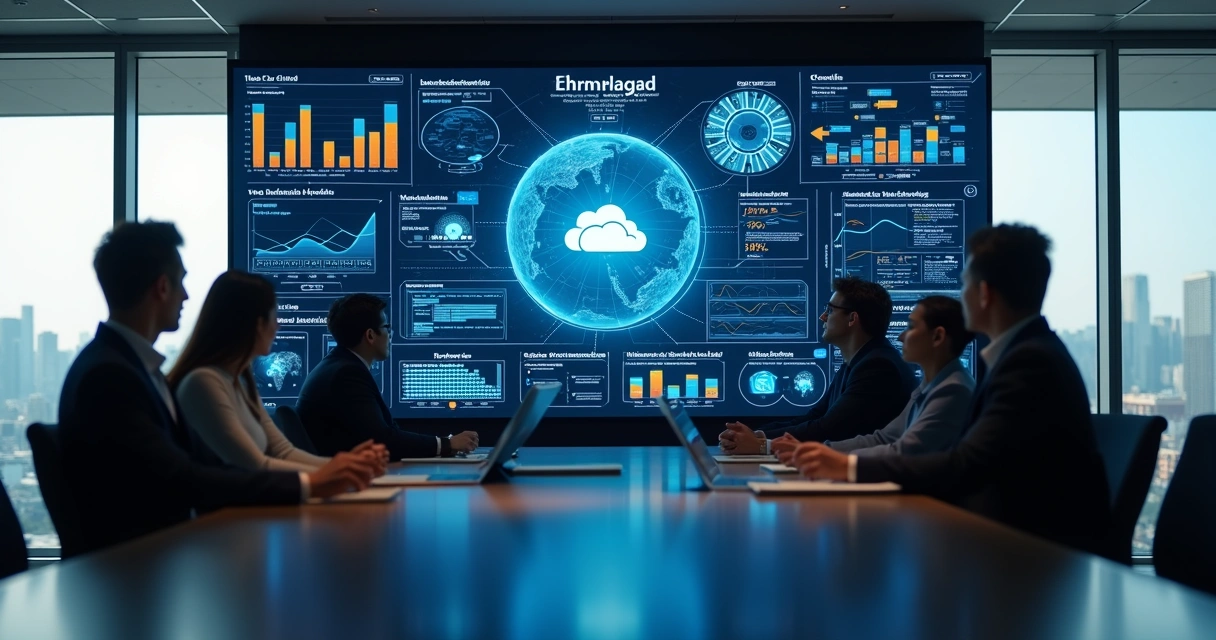 Painel digital com dashboards e dados tecnológicos em sala de reunião 