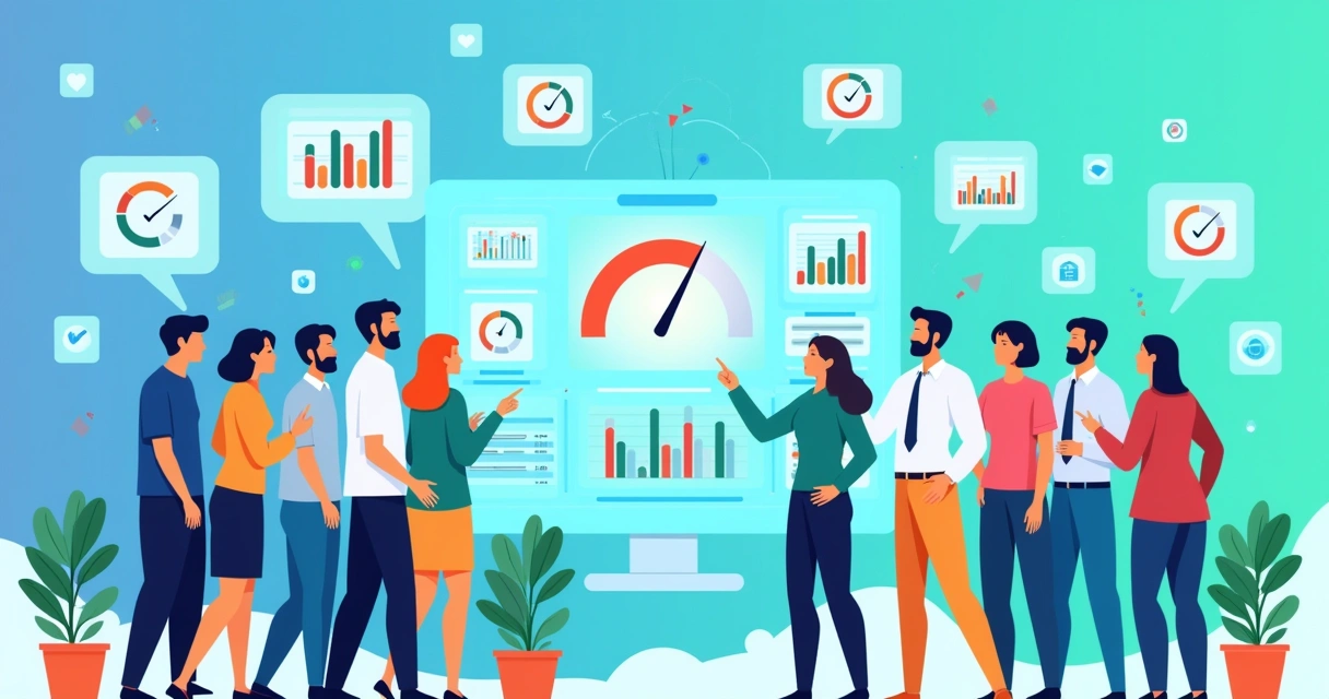 Ilustração de um painel digital com dados sobre serviços de telecomunicações e pessoas discutindo opções.