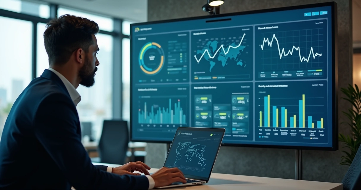 Gestor analisando painel de dados de treinamento corporativo em tempo real 