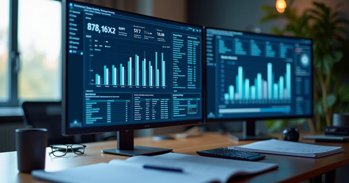 Painel com gráficos fiscais e documentos digitais em tela