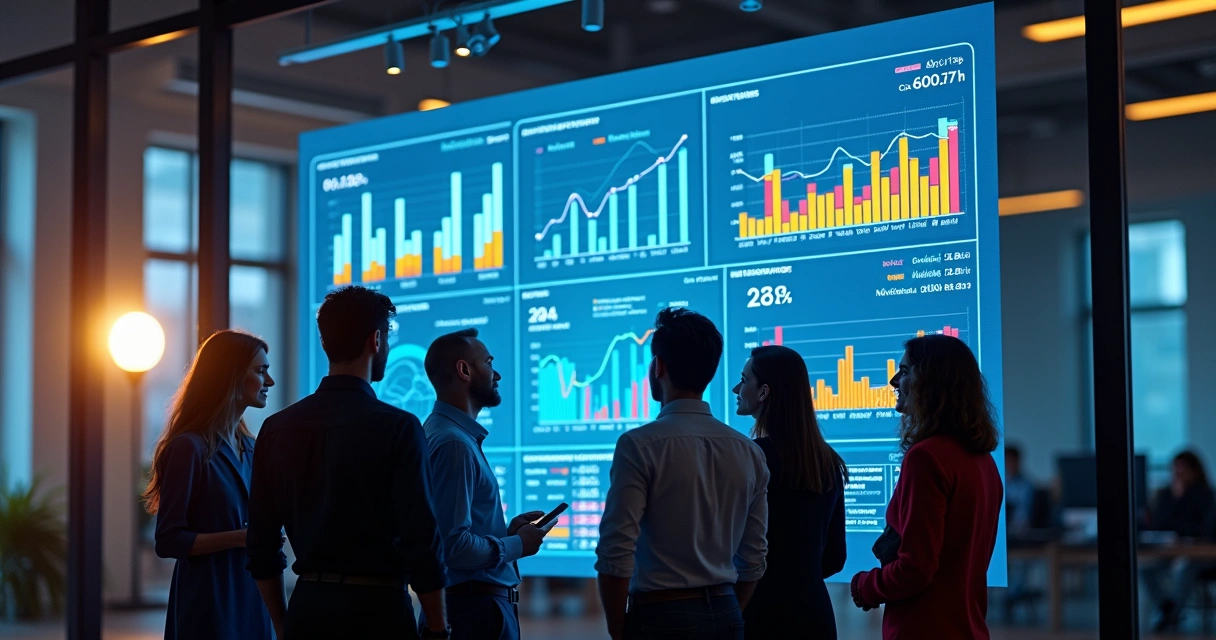 Painel com gráficos coloridos de desempenho de vendas e conversões na tela 