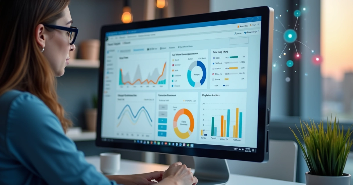 Painel digital mostrando dashboard de vendas com gráficos de leads e automações 
