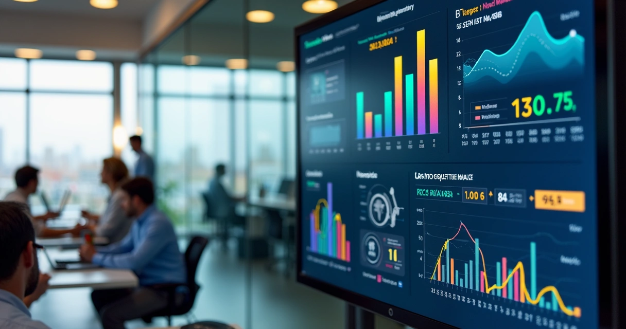 Dashboard colorido de OKRs da logística com progresso visível para cada área 