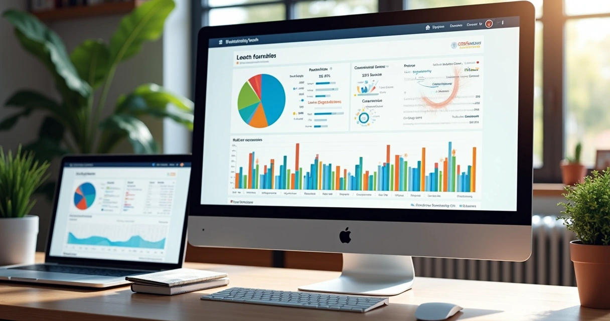 Dashboard de marketing digital com relatórios de campanhas e gráficos coloridos