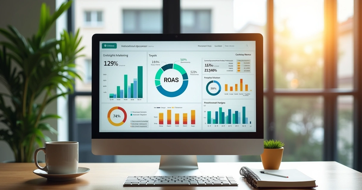 Painel de dashboard de métricas e dados de marketing digital com destaque para ROAS 
