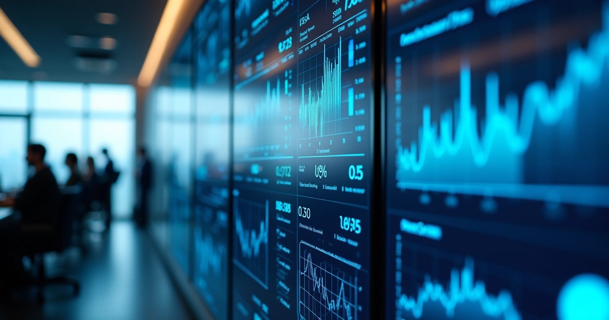 Painéis digitais com dashboards mostrando números e gráficos 