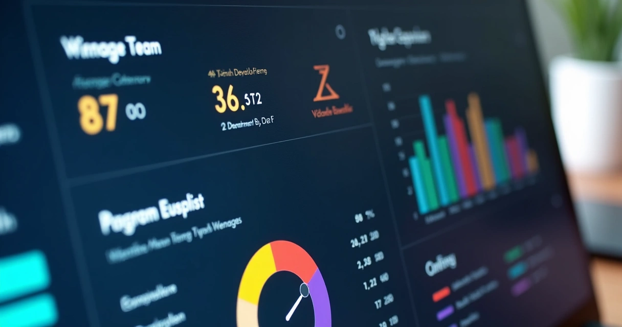 Dashboard colorido com gráficos de progresso de OKRs para time de tecnologia