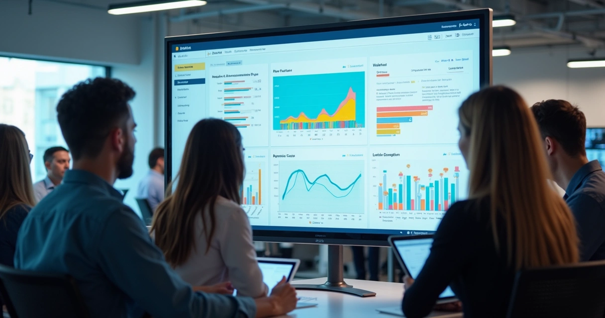 Painel digital mostrando fluxo de tarefas automatizadas e gráficos de performance 