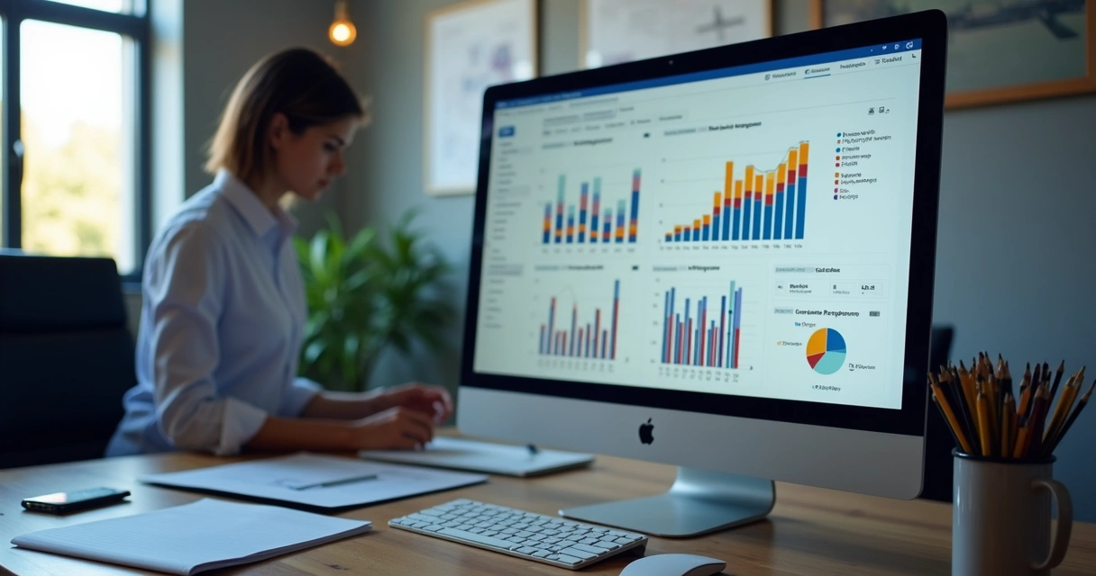 Painel de dashboard de vendas com gráficos coloridos em tela de computador moderno. 