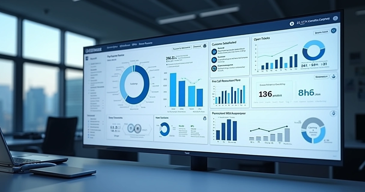 Painel digital mostrando dashboards de atendimento com indicadores em tempo real 
