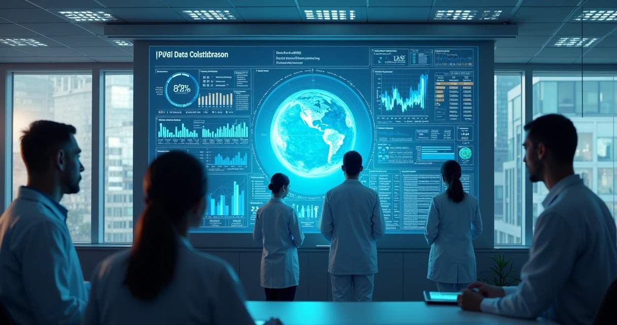 Médicos analisando um painel digital de saúde em uma sala de reuniões