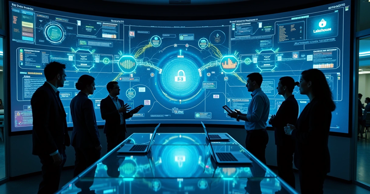Painel digital exibindo fluxo de data lineage em um escritório corporativo moderno 
