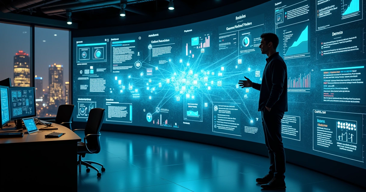 Engenheiro ajustando painel digital com clusters de dados distribuídos 