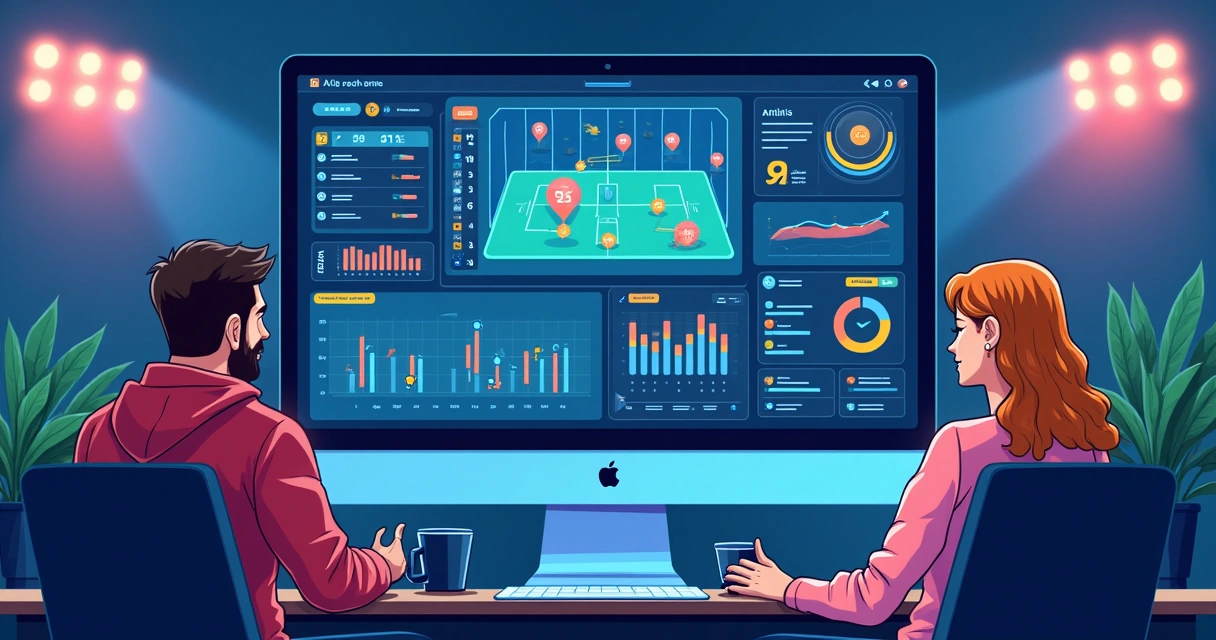 Painel digital de apostas esportivas mostrando gráficos e algoritmos de futebol. 