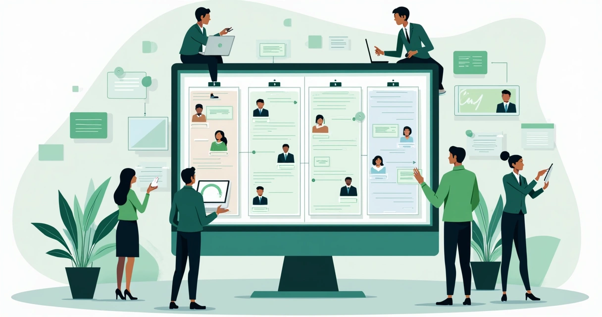 Tela de painel kanban mostrando fluxo de atendimento distribuído entre várias pessoas 