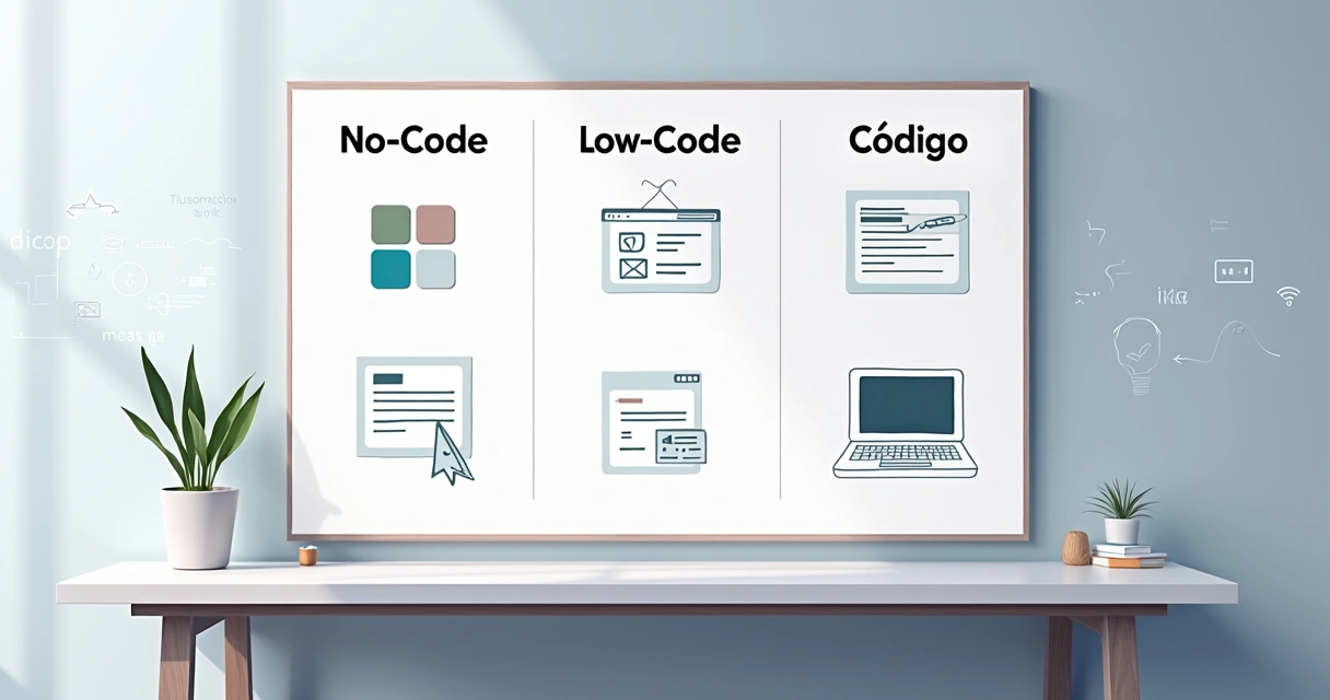 Quadro comparando no-code, low-code e código tradicional lado a lado