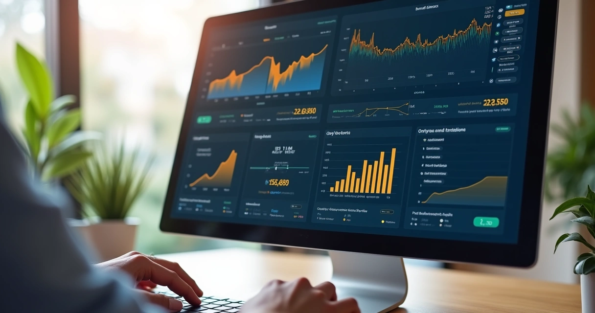 Painel de controle financeiro digital com gráficos e indicadores 