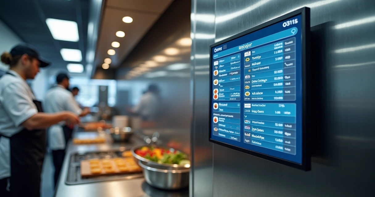 Painel digital de controle de pedidos de delivery em cozinha profissional 