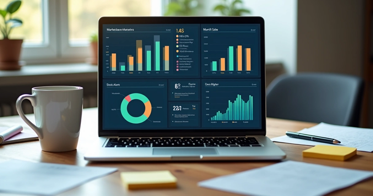 Painel digital com métricas de vendas de um vendedor em marketplace