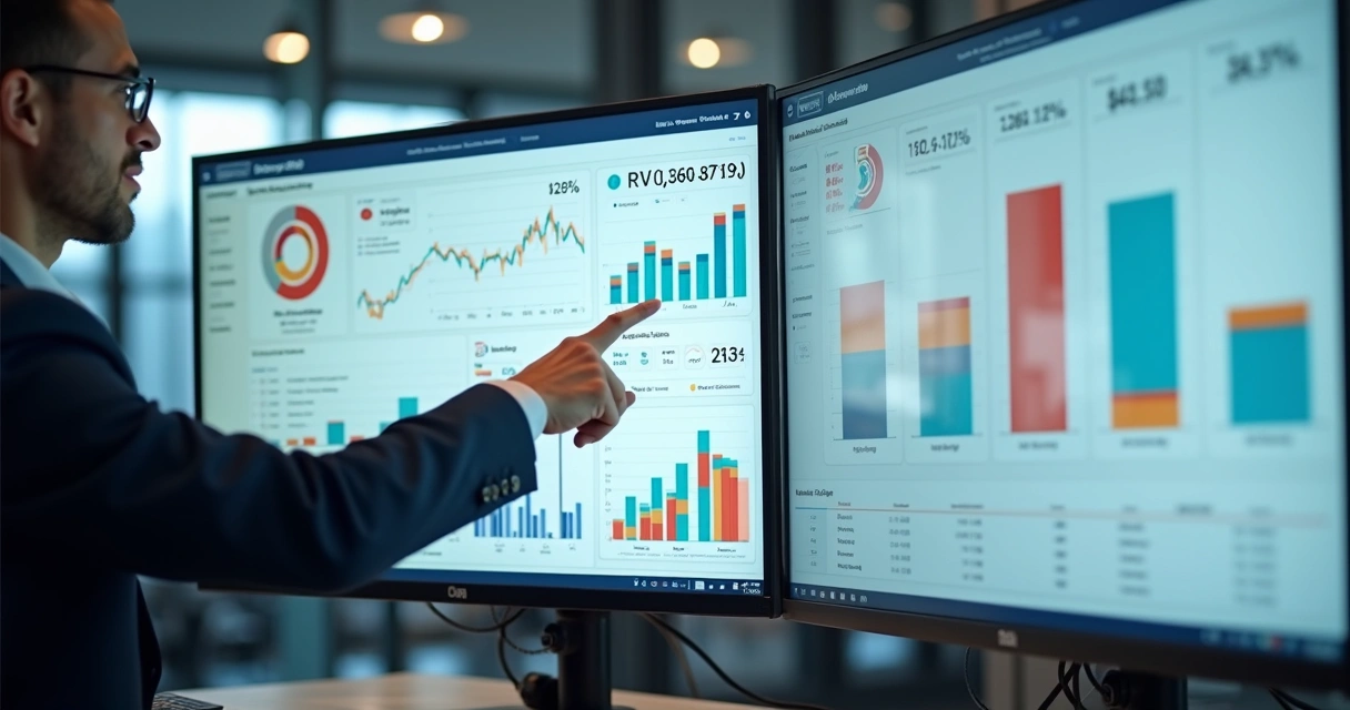 Painel de marketing mostrando gráficos de vendas e leads 