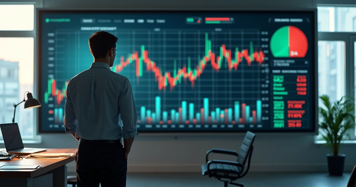 Painel com gráfico instável e profissional observando resultados
