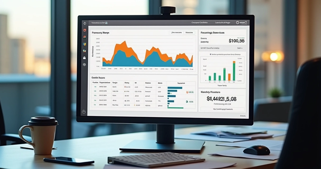 Tela de computador mostrando painel de negociação com gráficos, tabelas de preços e status de franquias 