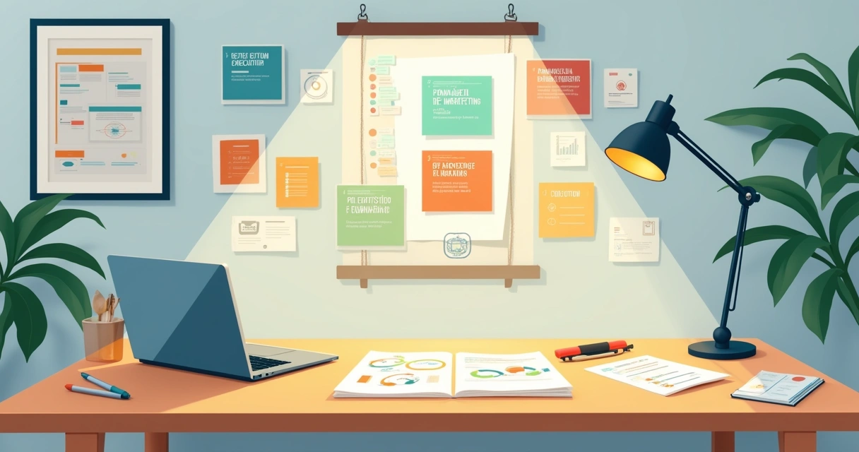 Ilustração de um painel de negócios sobre uma mesa, com seções coloridas destacadas e ferramentas de trabalho ao redor.