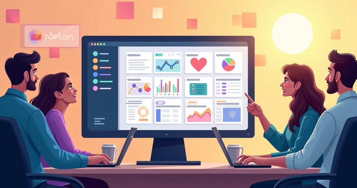Painel digital mostrando status de conteúdos em produção e equipe acompanhando resultados 