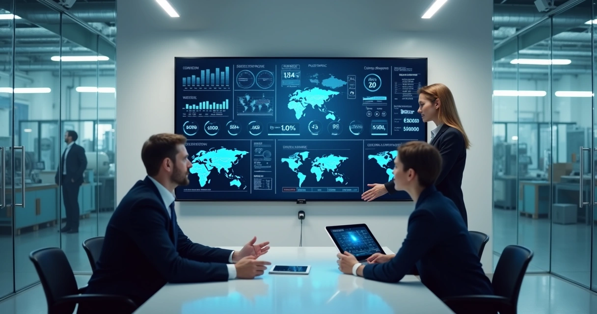 Gestores analisando indicadores de vendas industriais 