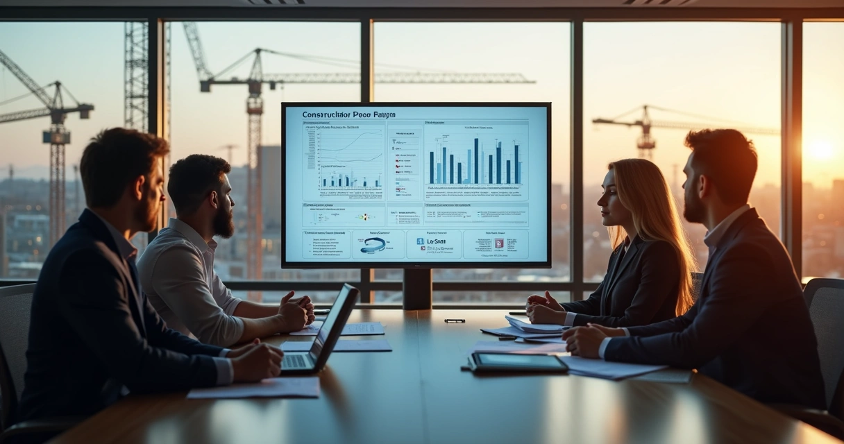 Profissionais analisando dados de obras em plataforma digital 