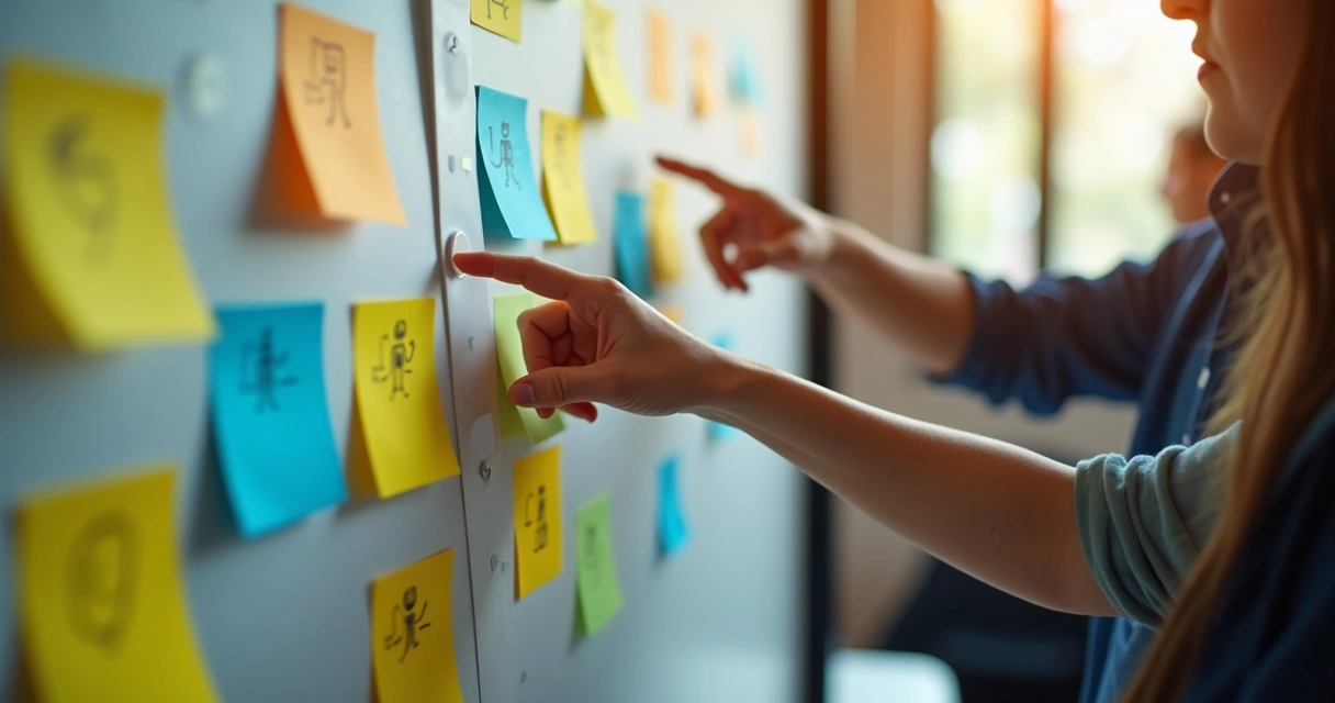 Painel com post-its e mãos apontando prioridades