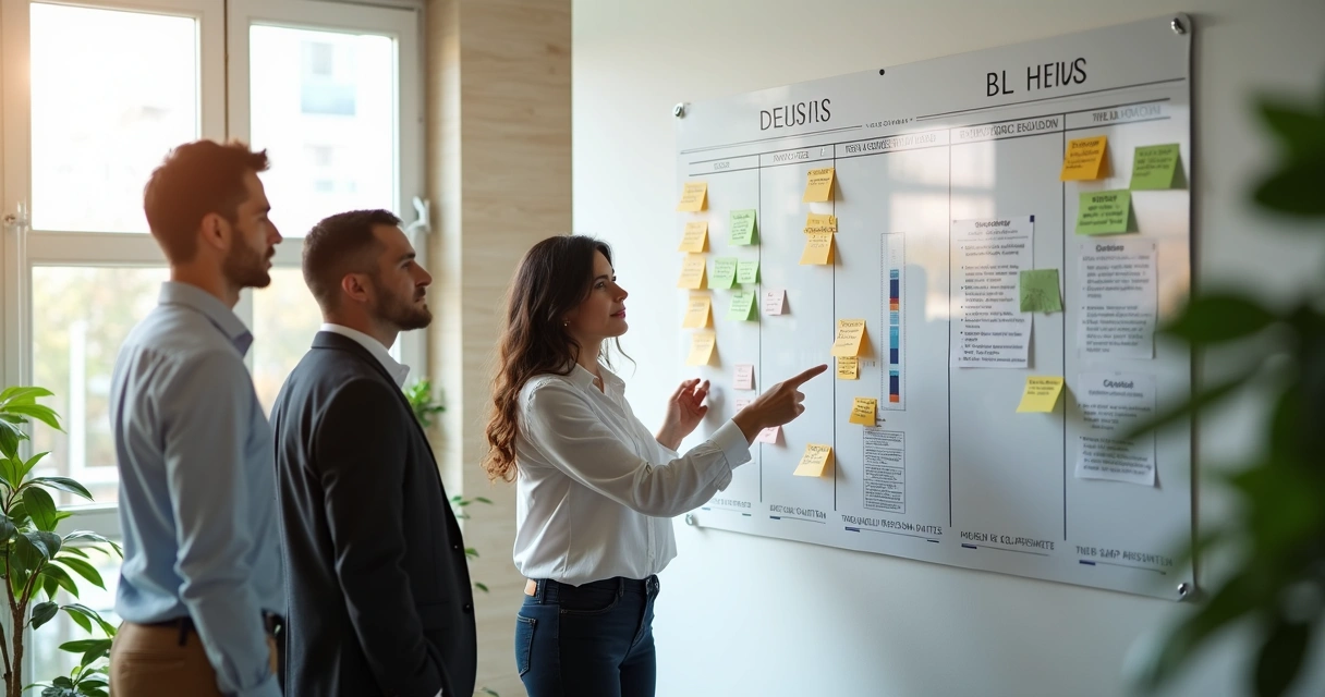 Painel com metas e decisões compartilhadas em ambiente corporativo 