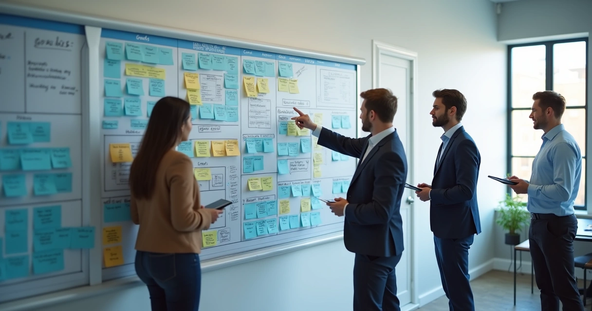 Painel com metas e equipe alinhando responsabilidades 