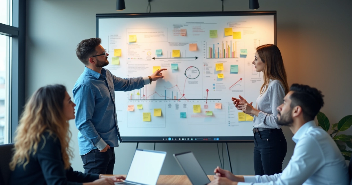 Painel com dados e grupo avaliando caminhos estratégicos