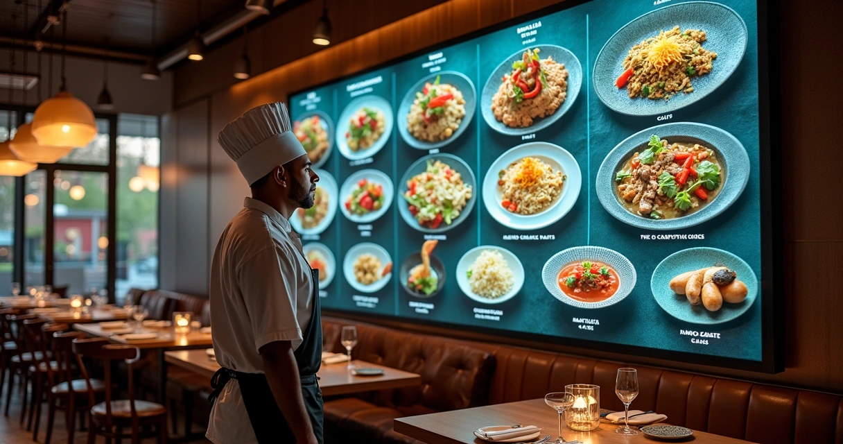 Chef observa painel degustativo digital com pratos diversos e ingredientes regionais 