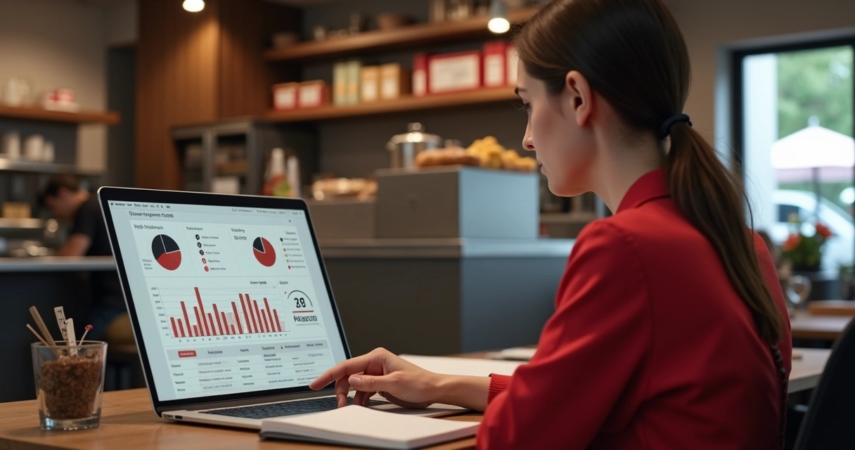 Gestor de restaurante olhando painel de vendas do delivery no notebook 
