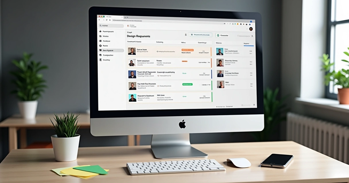 Tela de computador mostrando painel de demandas de design com projetos organizados e status de andamento 