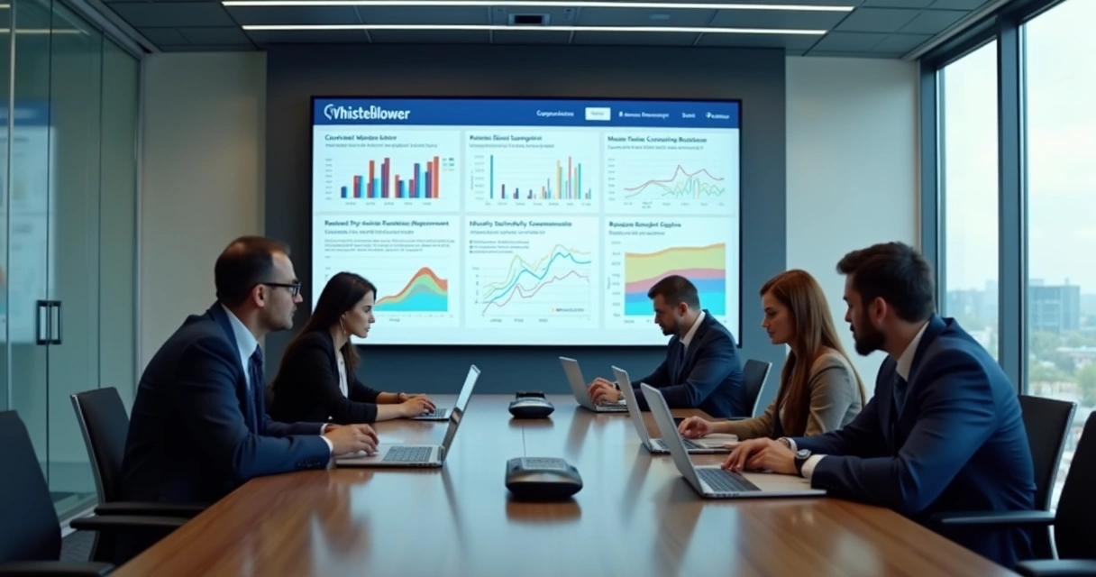 Painel digital de canal de denúncias anônimo com gráficos 