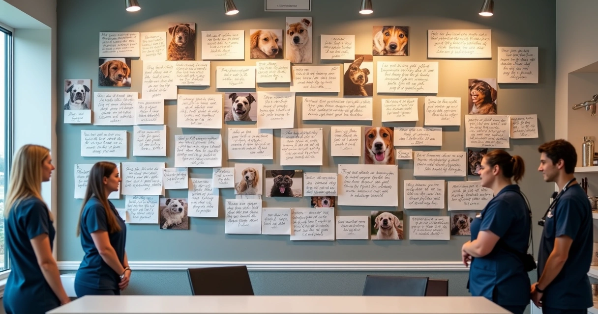 Painel de depoimentos de clientes em clínica veterinária