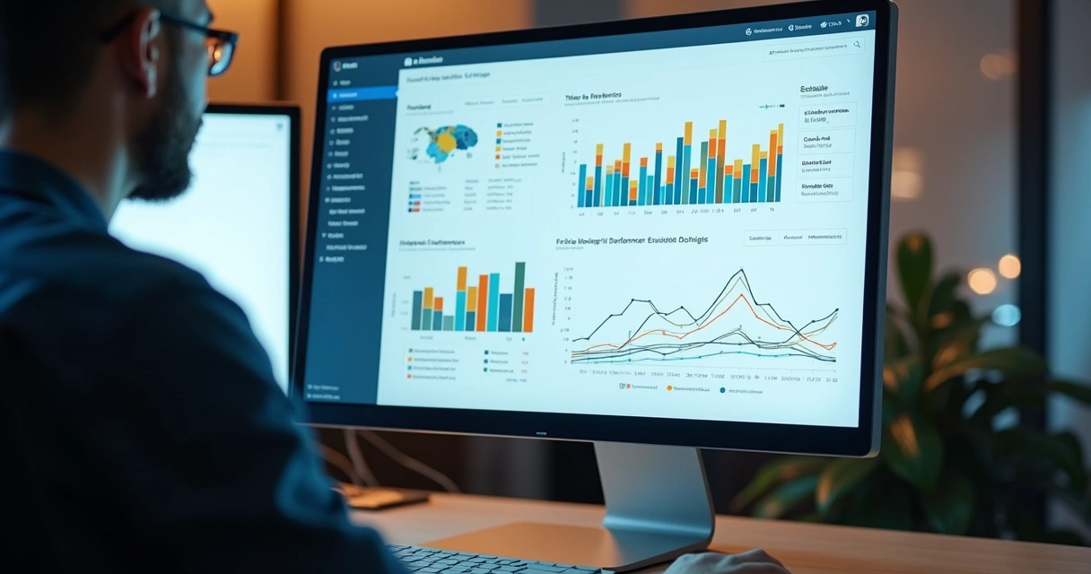Painel com métricas e SEO em blog digital 2026 