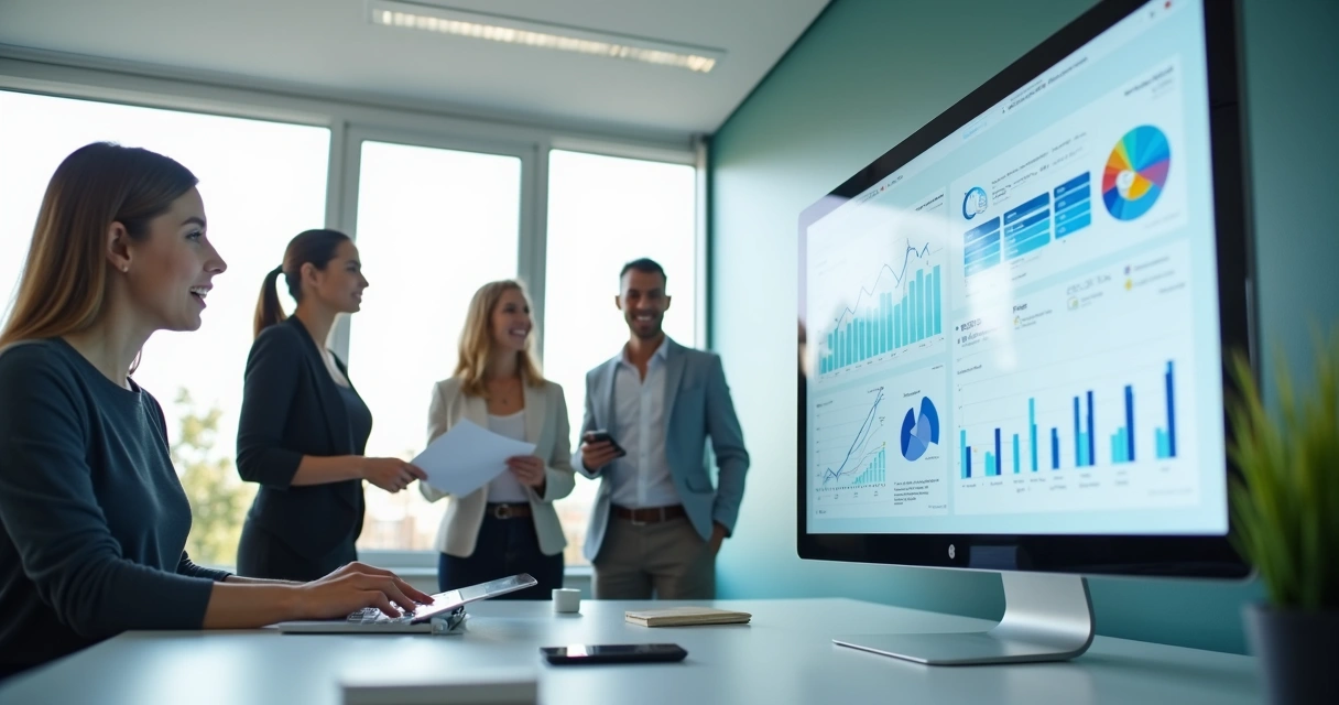 Dashboard de performance comercial exibido em computador em imobiliária