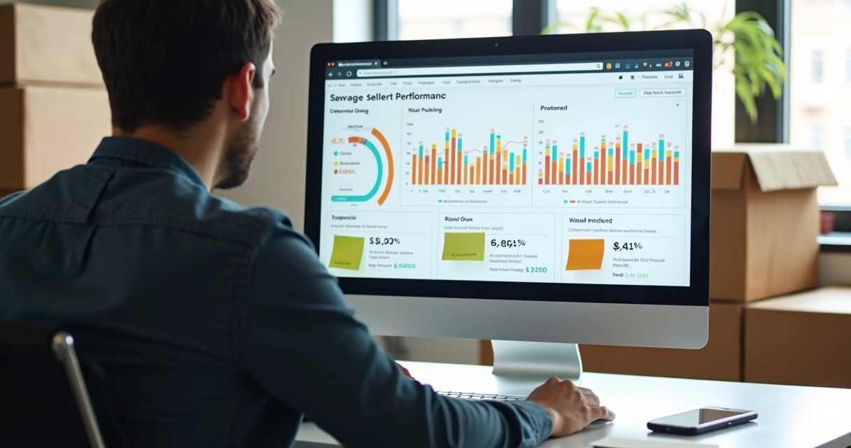 Vendedor analisa painel com gráficos de desempenho de vendas 