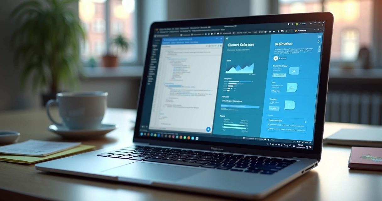 Tela de desenvolvimento em nuvem com assistente de IA e painel de projeto 