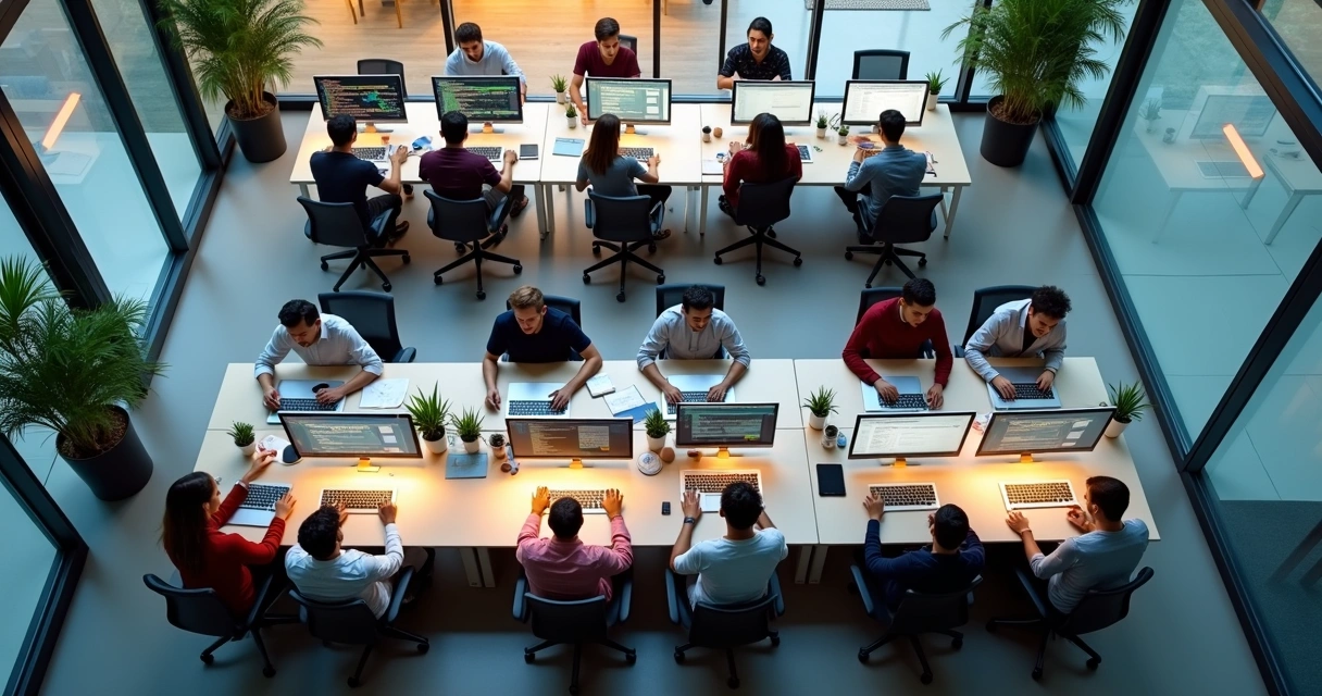 Painel de desenvolvimento de software com equipes trabalhando em computadores 