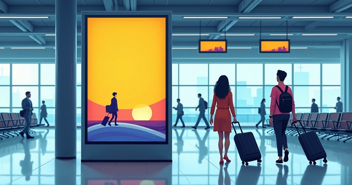 Painel digital com anúncio sindical em aeroporto 