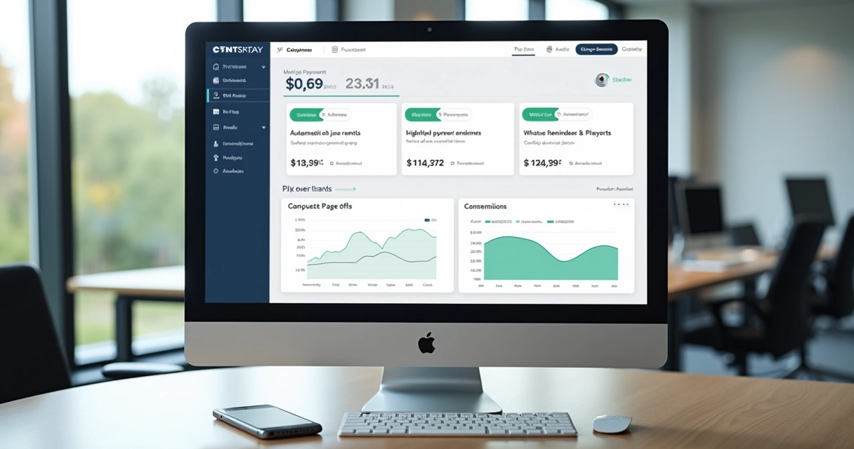 Painel digital mostrando automatização de cobranças de aluguel