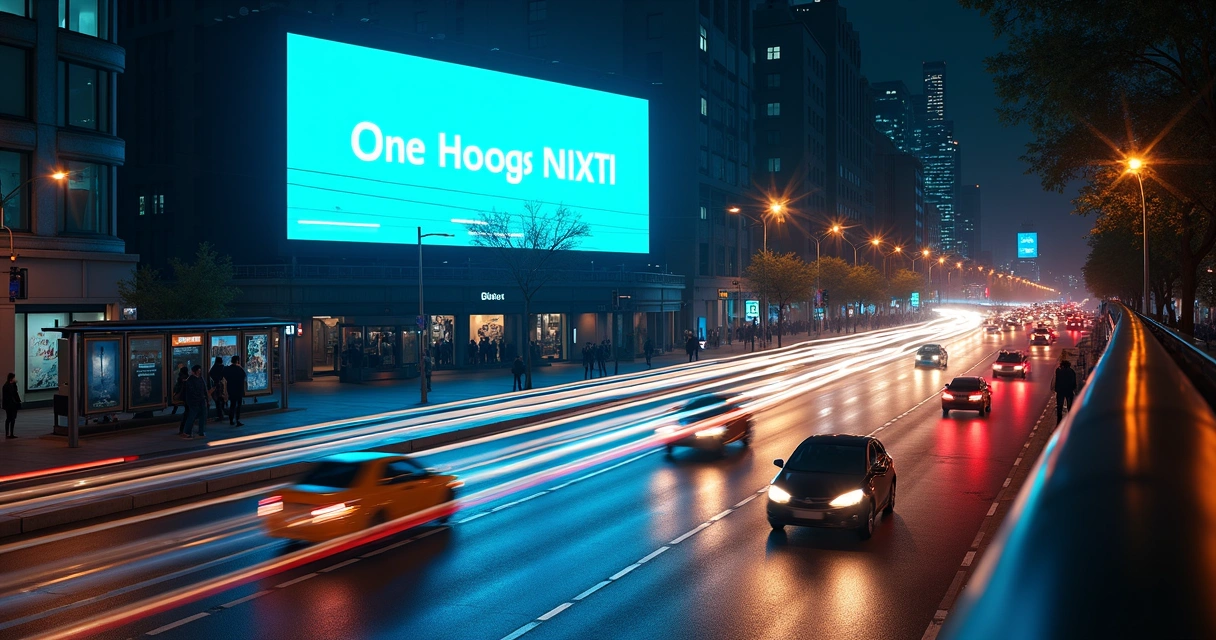 Painel digital iluminado em avenida movimentada à noite 