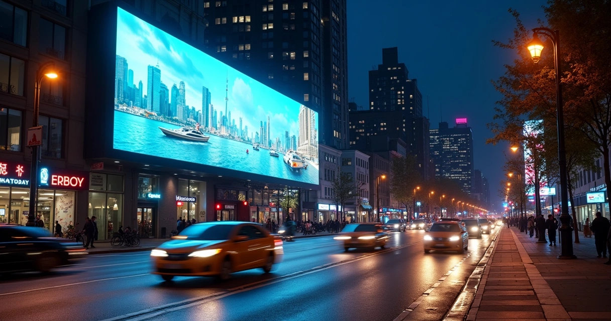 Painel digital iluminado exibindo anúncio em avenida movimentada à noite 
